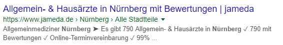 Meta Title jamedaScreenshot eines Google Suchergebnisses von Jameda