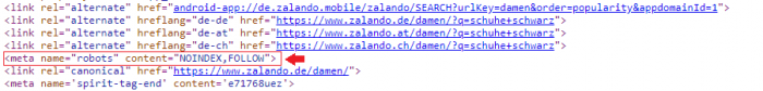Beispiel für noindex im HTML Code von Zalando