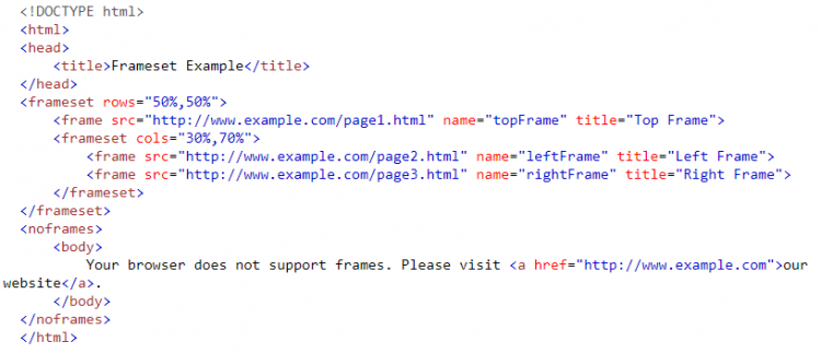 Basic code example showing how frames and framesets are used