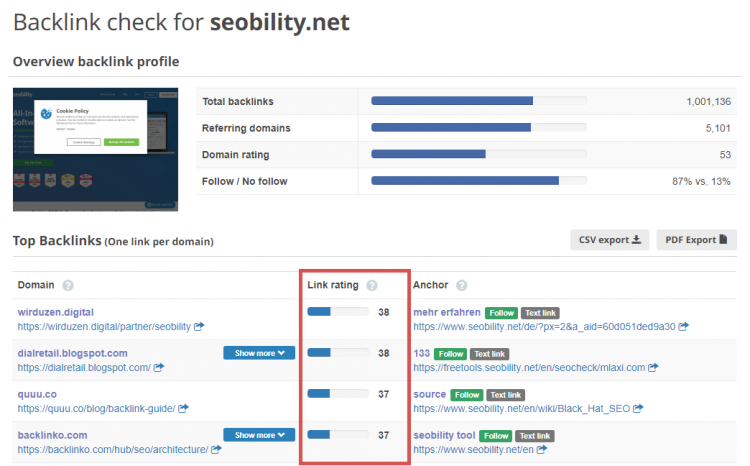 Seobility free backlink checker tool
