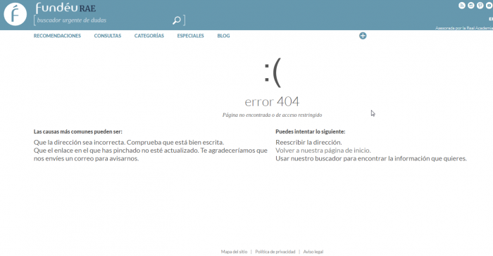 Captura de pantalla de Fundéu, que muestra un 404 no encontrado
