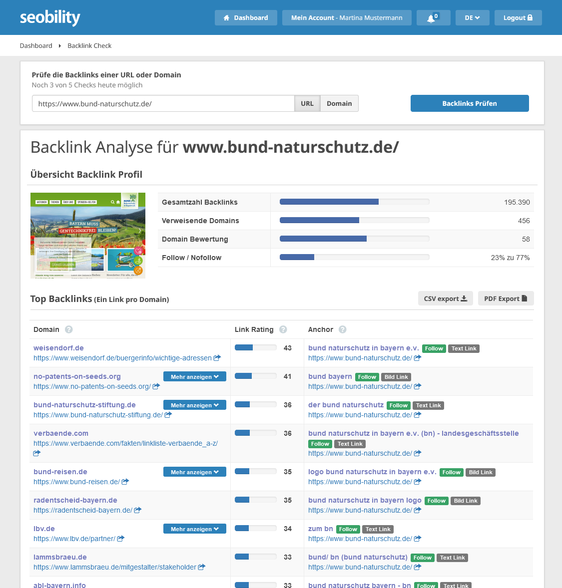 Backlink Check von Seobility