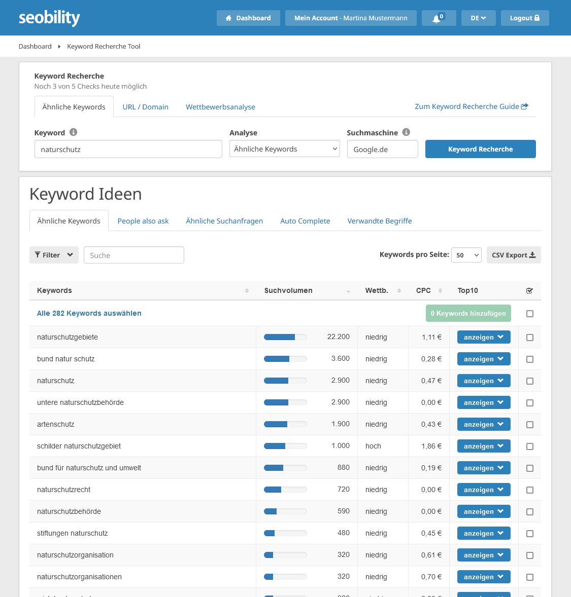 Keyword Recherche Tool von Seobility
