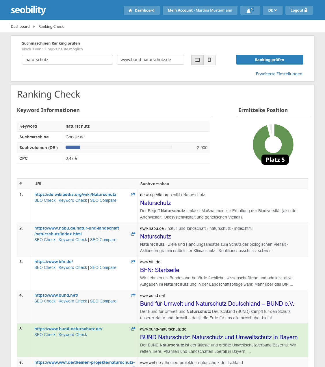 Ranking Check von Seobility