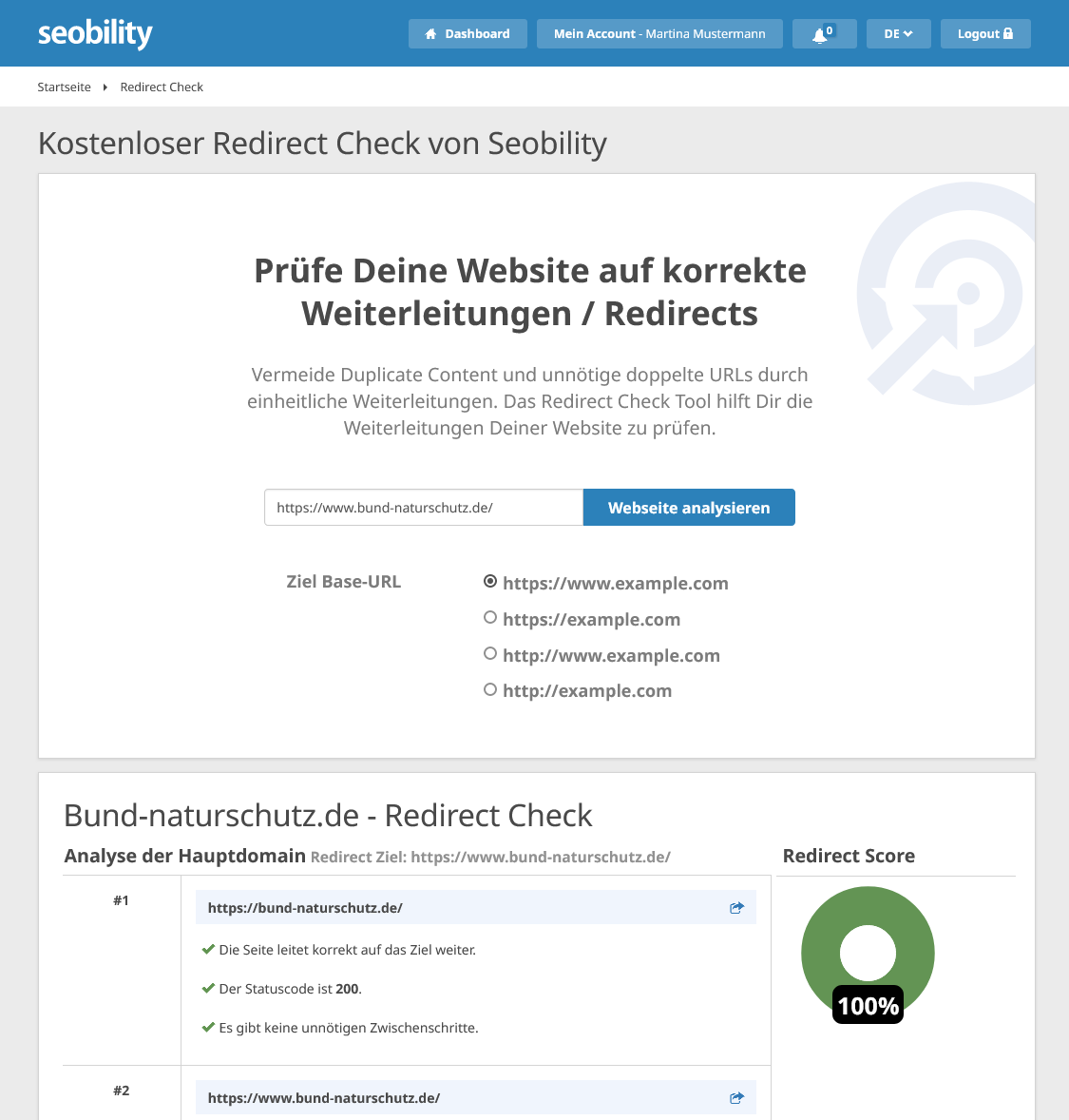 Redirect Check von Seobility