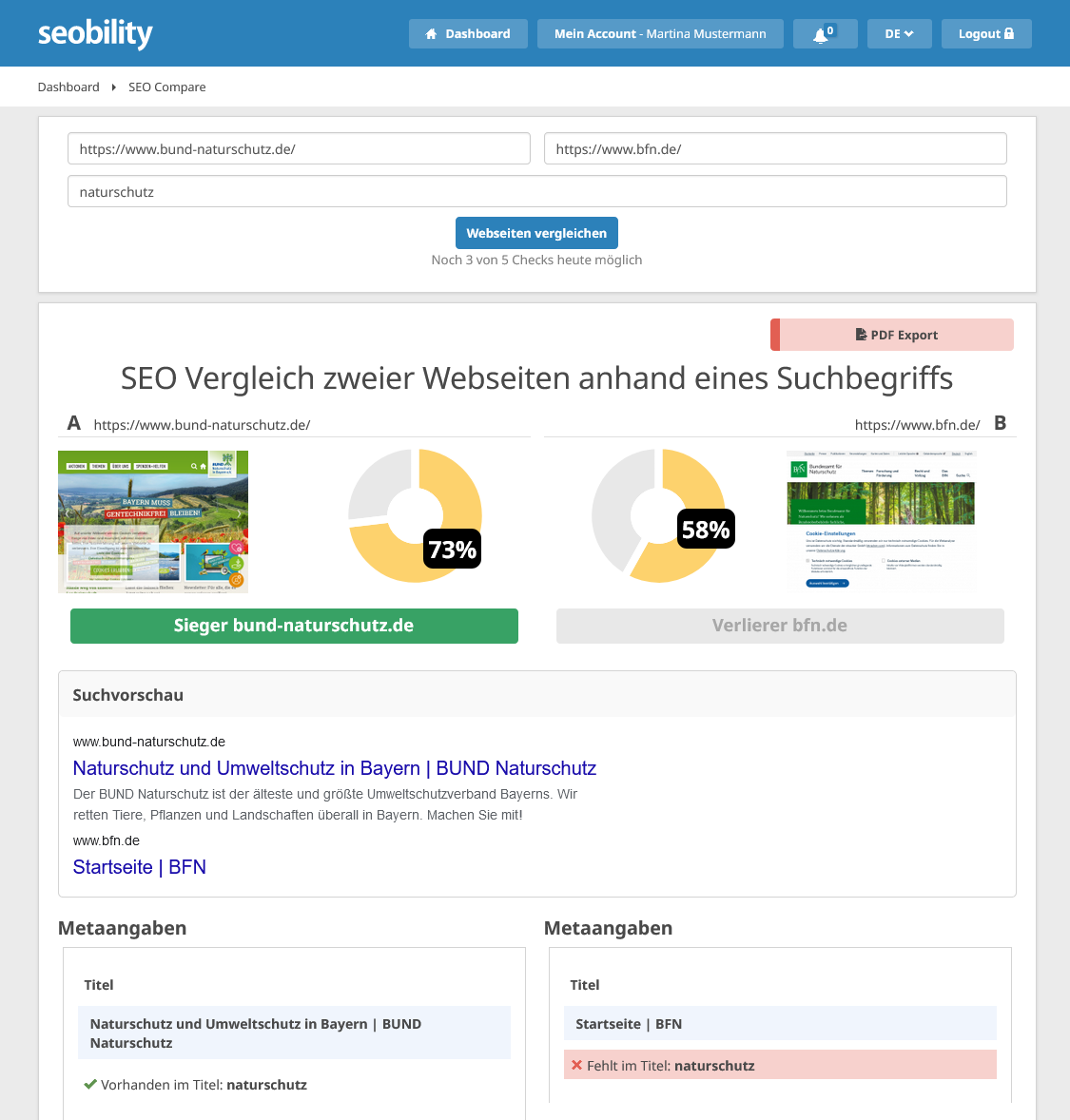 SEO Vergleich zweier Seiten mit Seobility