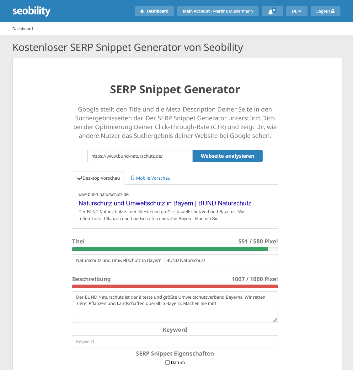 SERP Snippet Generator von Seobility