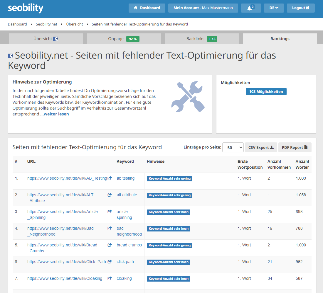 Keyword Monitoring und Onpage Analyse vereint