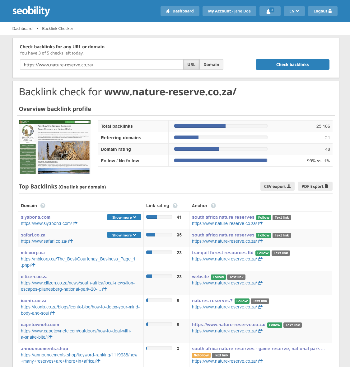 Backlink Checker from Seobility