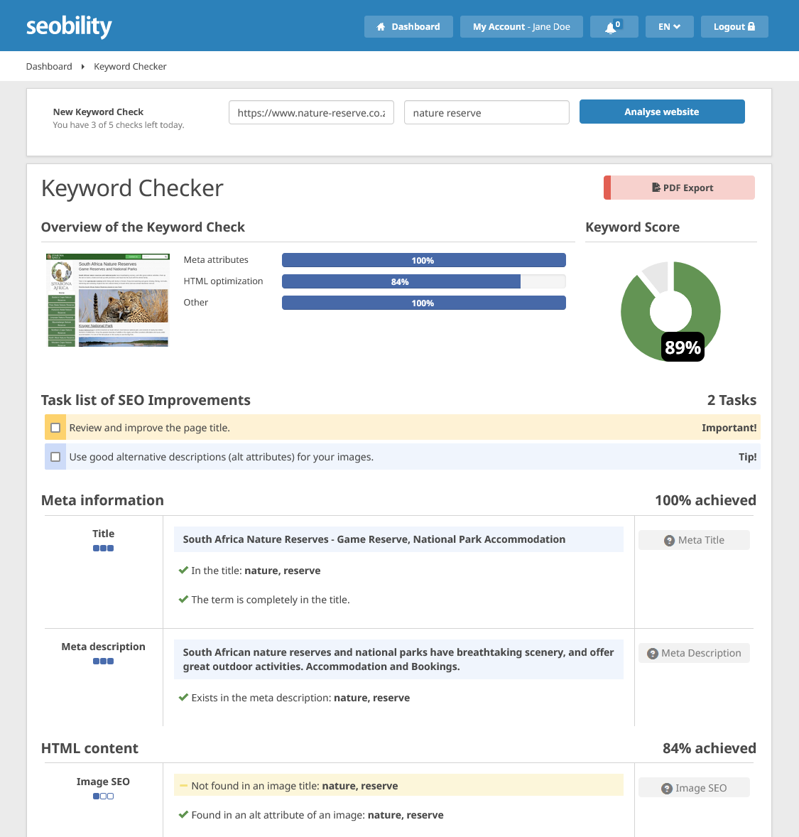 Keyword Checker from Seobility