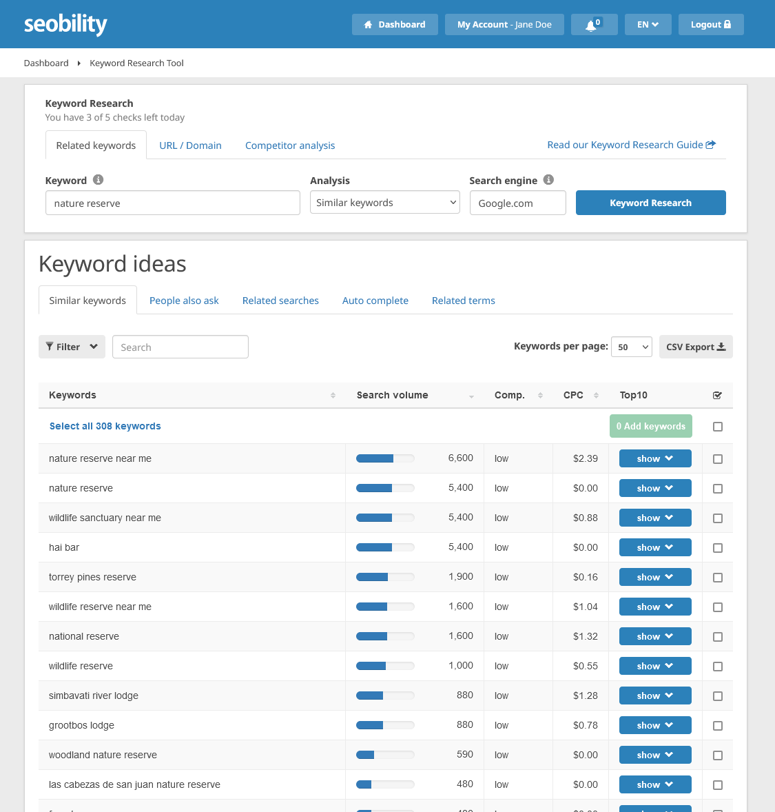 Keyword Research Tool from Seobility