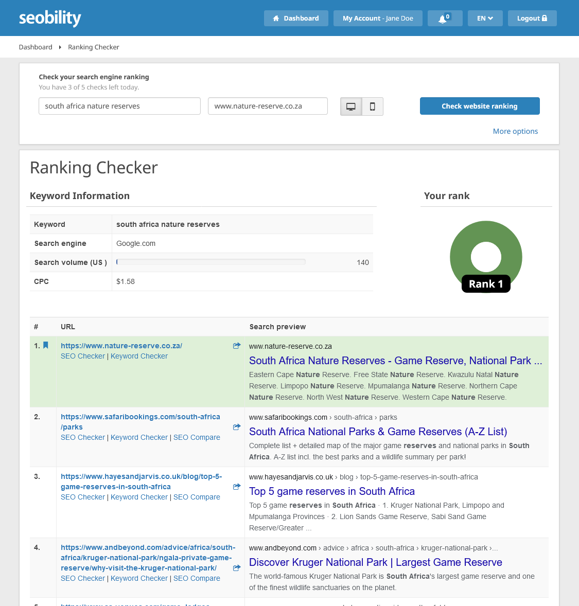 Ranking Checker from Seobility