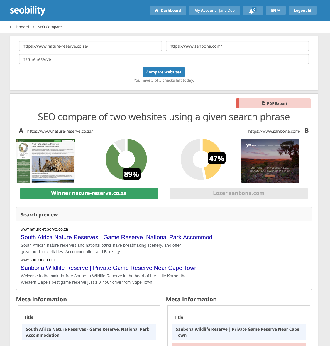 SEO comparison of two pages with Seobility