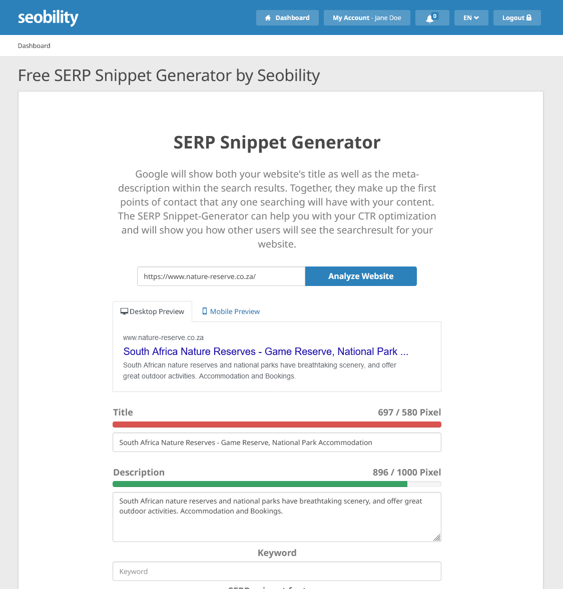 SERP Snippet Generator from Seobility