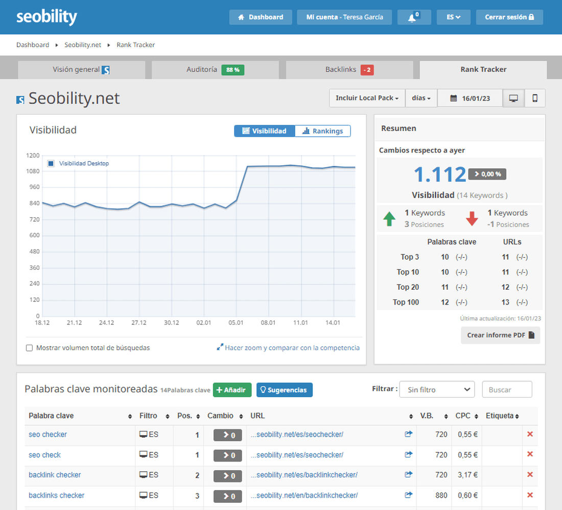 Dashboard del Rank Tracker de Seobility