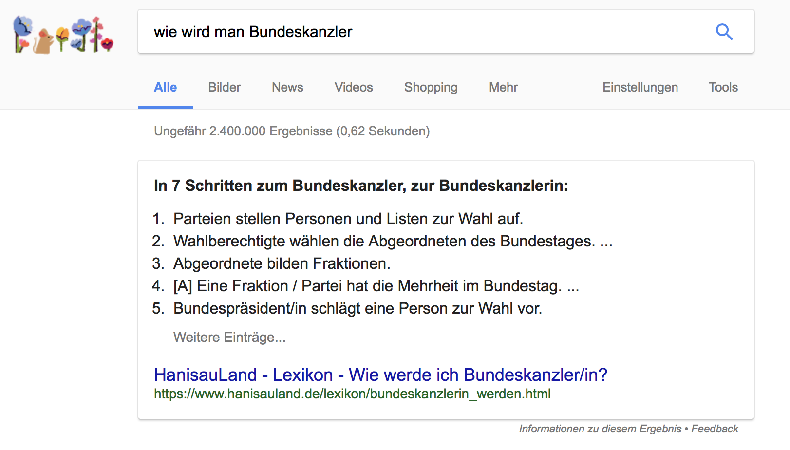 Liste als Featured Snippet zur Frage “Wie wird man Bundeskanzler?”