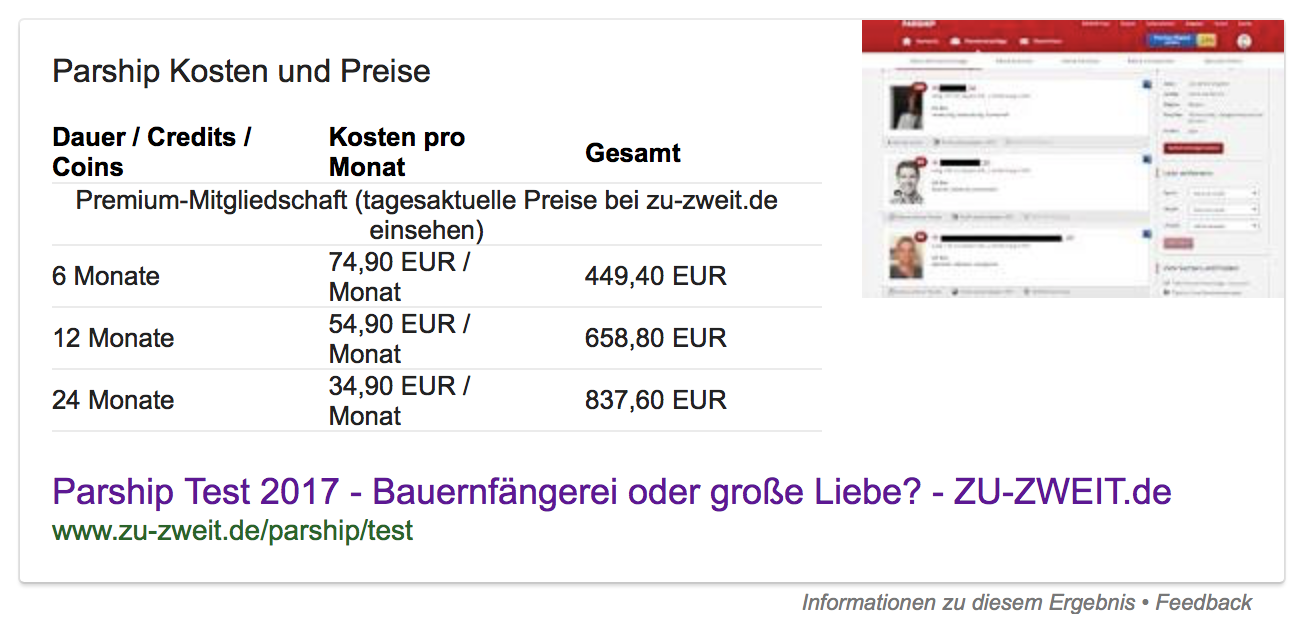 Google Featured Snippet als Tabelle zur Frage “Parship Kosten?”