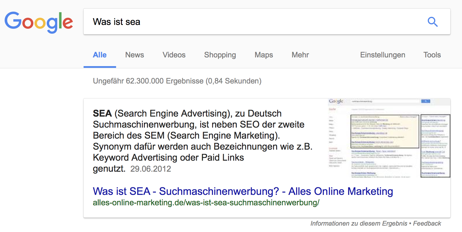 Darstellung als Textantwort eines Featured Snippet für die Frage “Was ist SEA?”