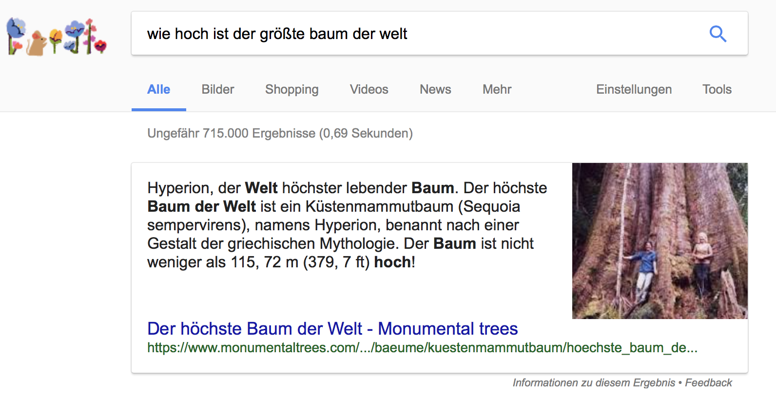 Beispiel eines Google Featured Snippet in den Suchergebnissen zur Frage: Wie hoch ist der größte Baum der Welt?