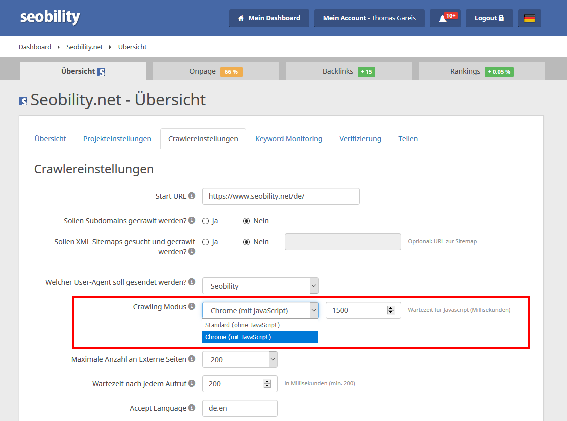 seobility Crawlereinstellungen