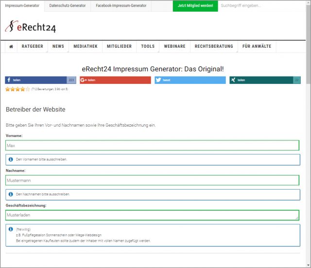 erecht24.de Impressumsgenerator Screenshot