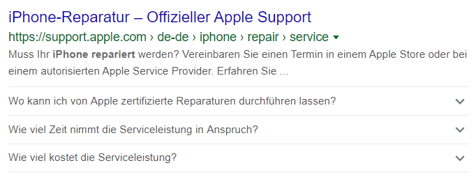 Beispiel für FAQ Rich Snippet