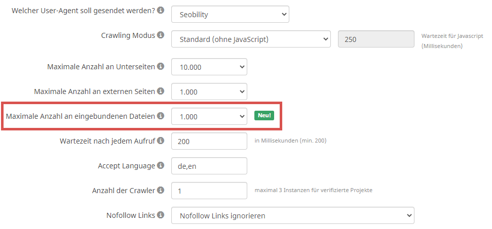 Seobility Crawlereinstellungen