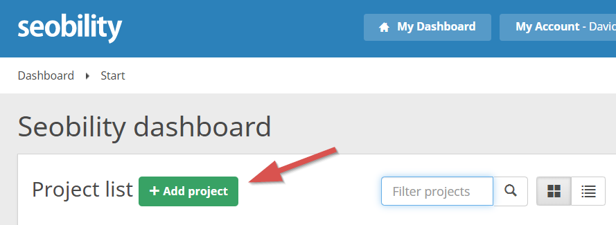 seobility dashboard - add project