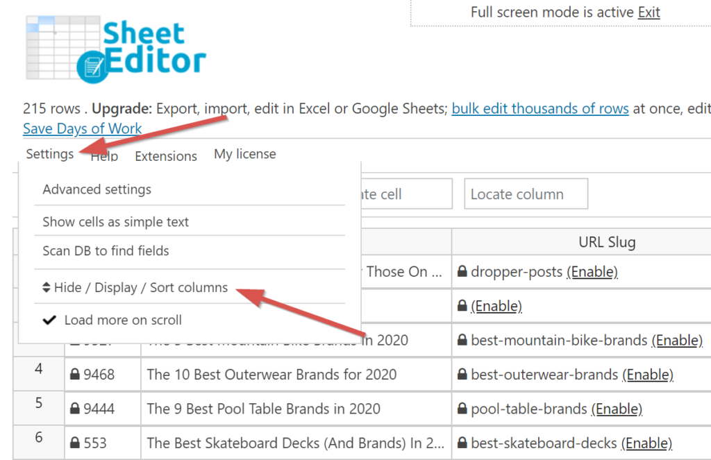 wp sheet editor - Spalten auswählen