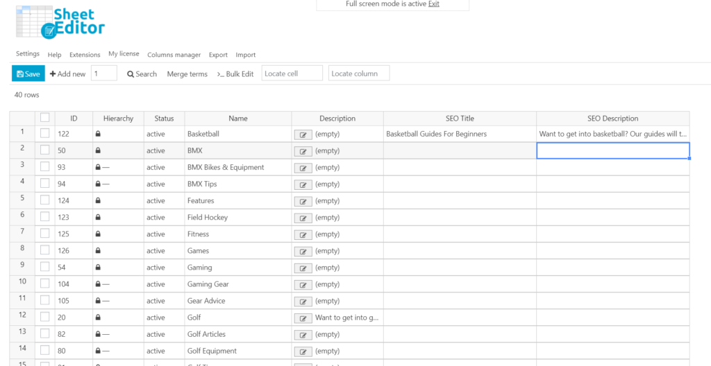 wp sheet editor, categories and tags