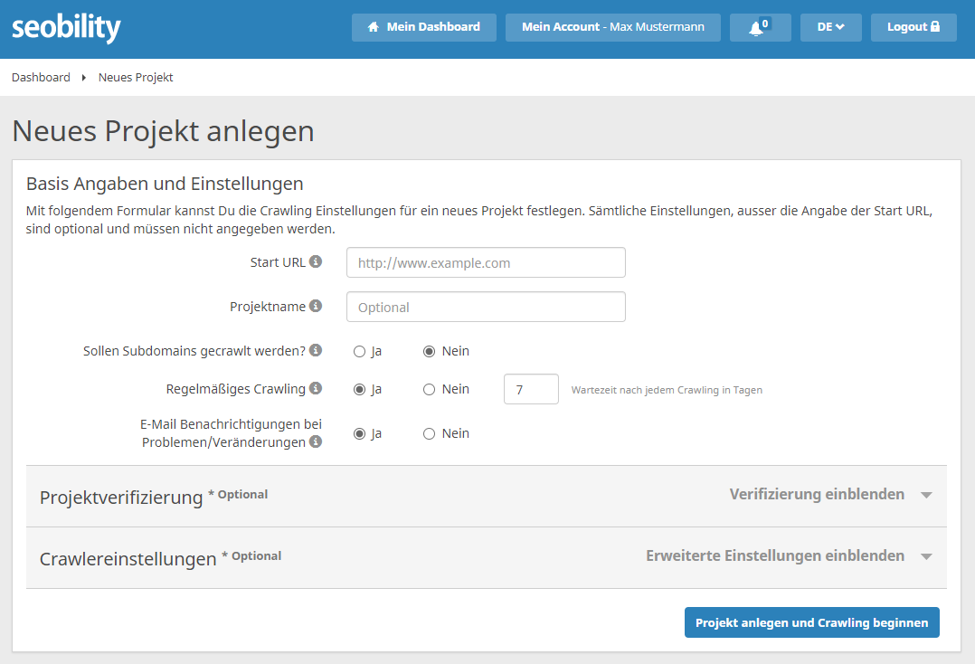 projekt in seobility anlegen