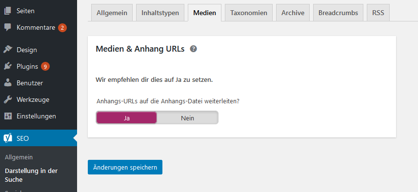 Medien und Anhang URLs in Yoast