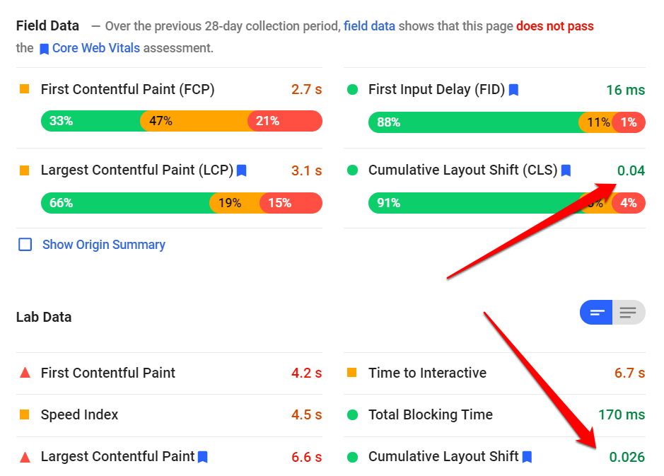 CLS pagespeed insights