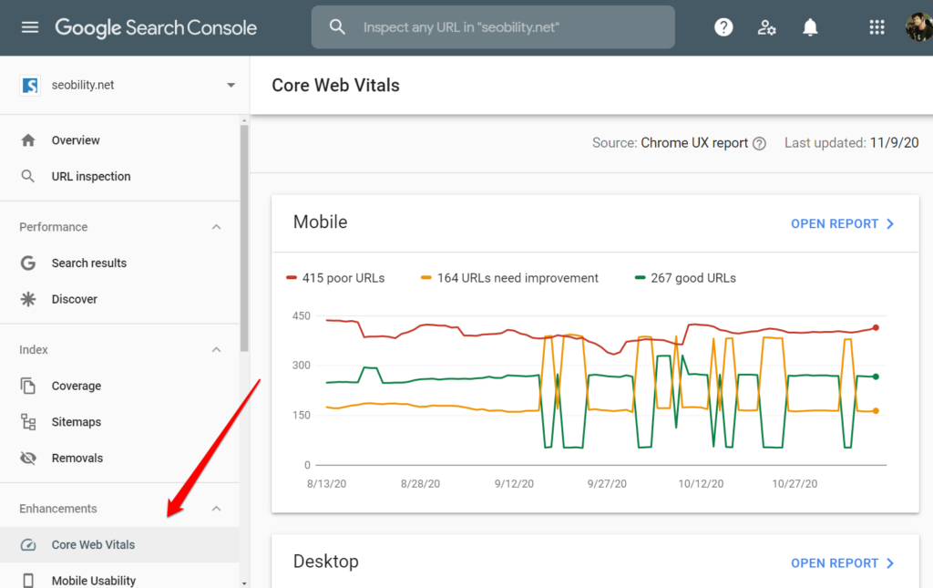 core web vitals google search console