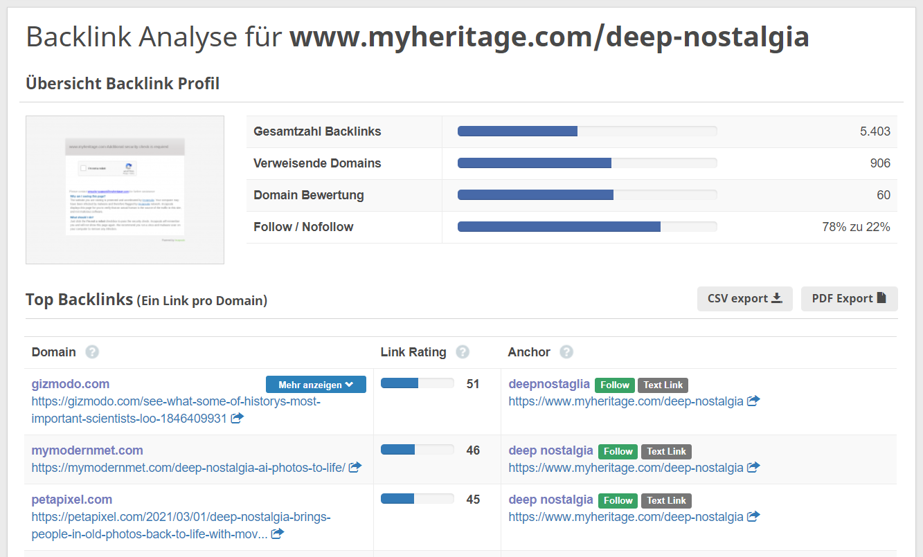 Backlink Check für Deep Nostalgia