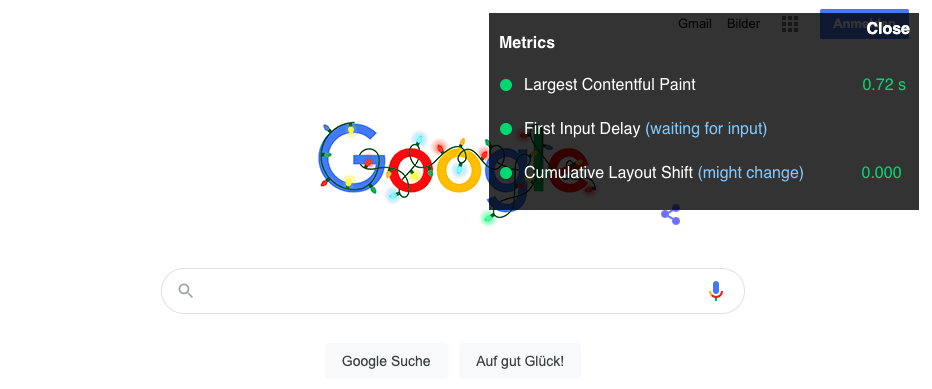 Web Vitals von Google Startseite