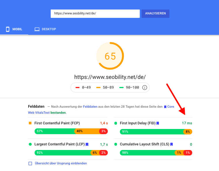 PageSpeed Insights Ergebnis für seobility.net