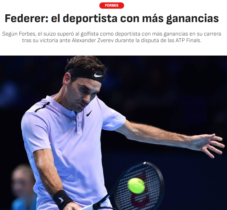 Roger Federer supera a Tiger Woods en ganancias por premios individuales