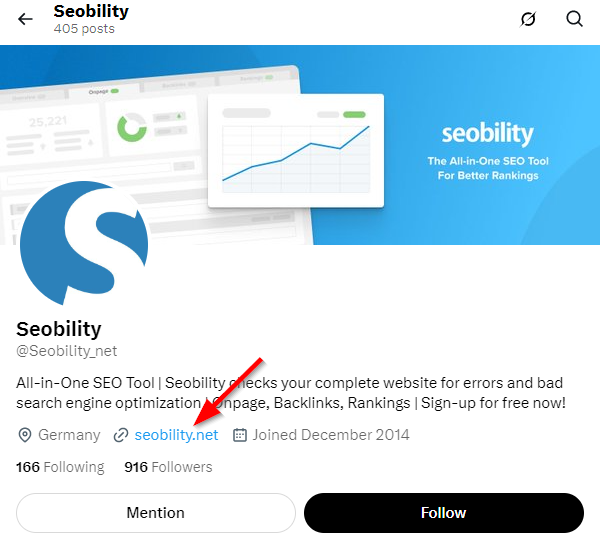 Perfil de Seobility en X con una flecha que señala el backlink hacia su sitio web