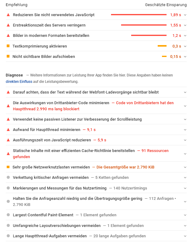 Pagespeed Empfehlungen