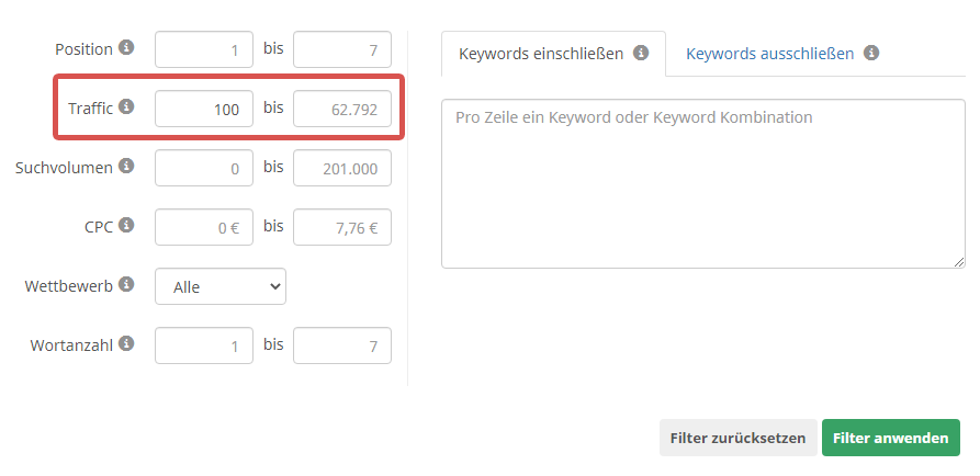 Filtern nach Ergebnissen mit hohem Traffic