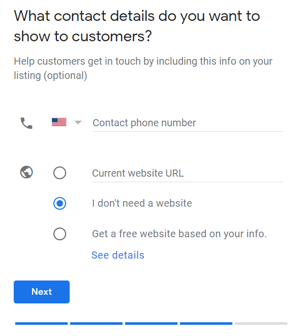 enter your phone number and website