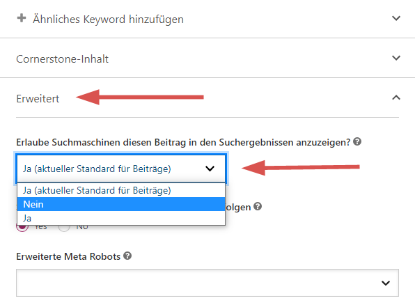 Seiten mit Yoast auf noindex setzen