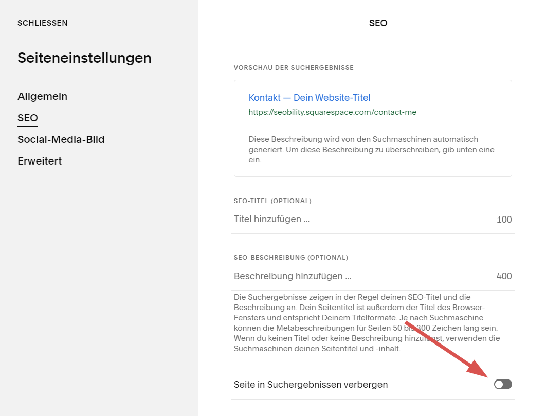 Seite in Squarespace auf noindex setzen