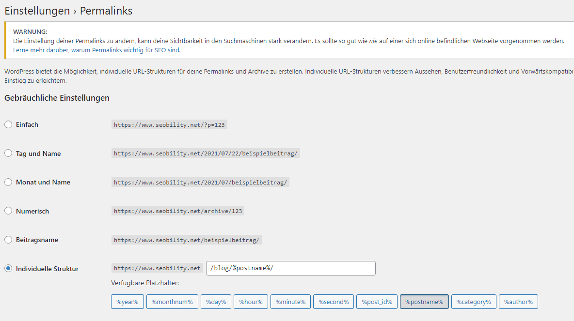 Permalink Einstellungen in WordPress