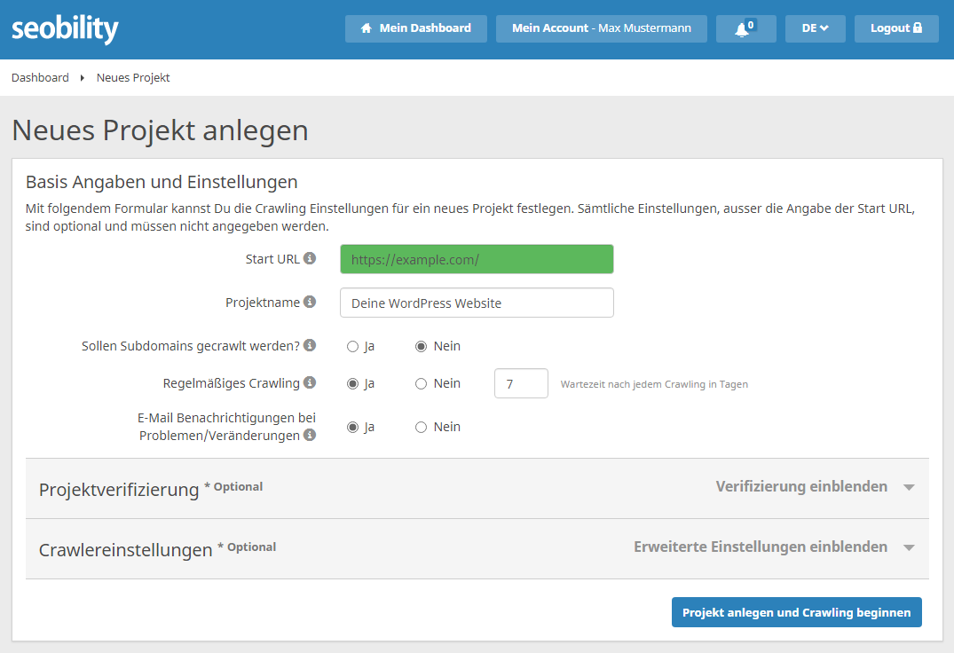 Projekt anlegen in Seobility