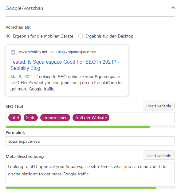 Vorschau des Suchergebnis-Snippets in Yoast