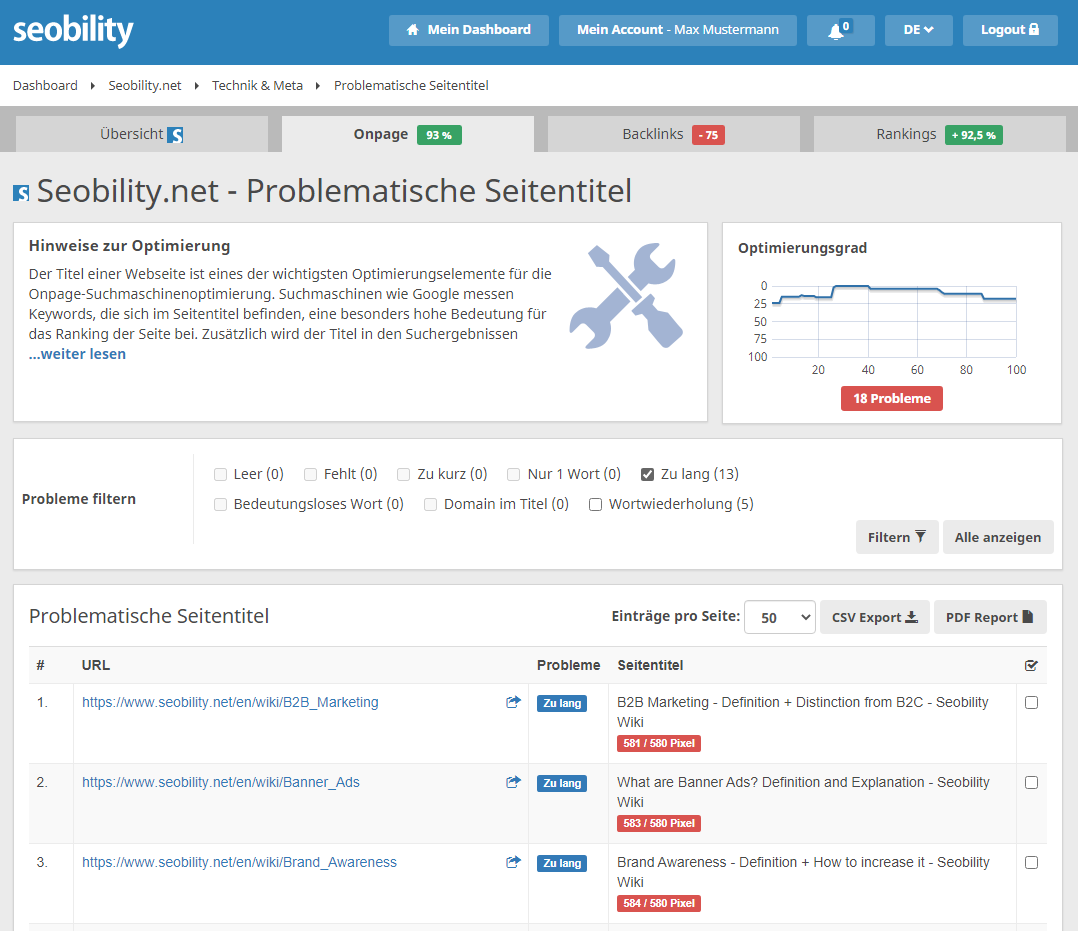 Seobility Analyse Problematische Seitentitel