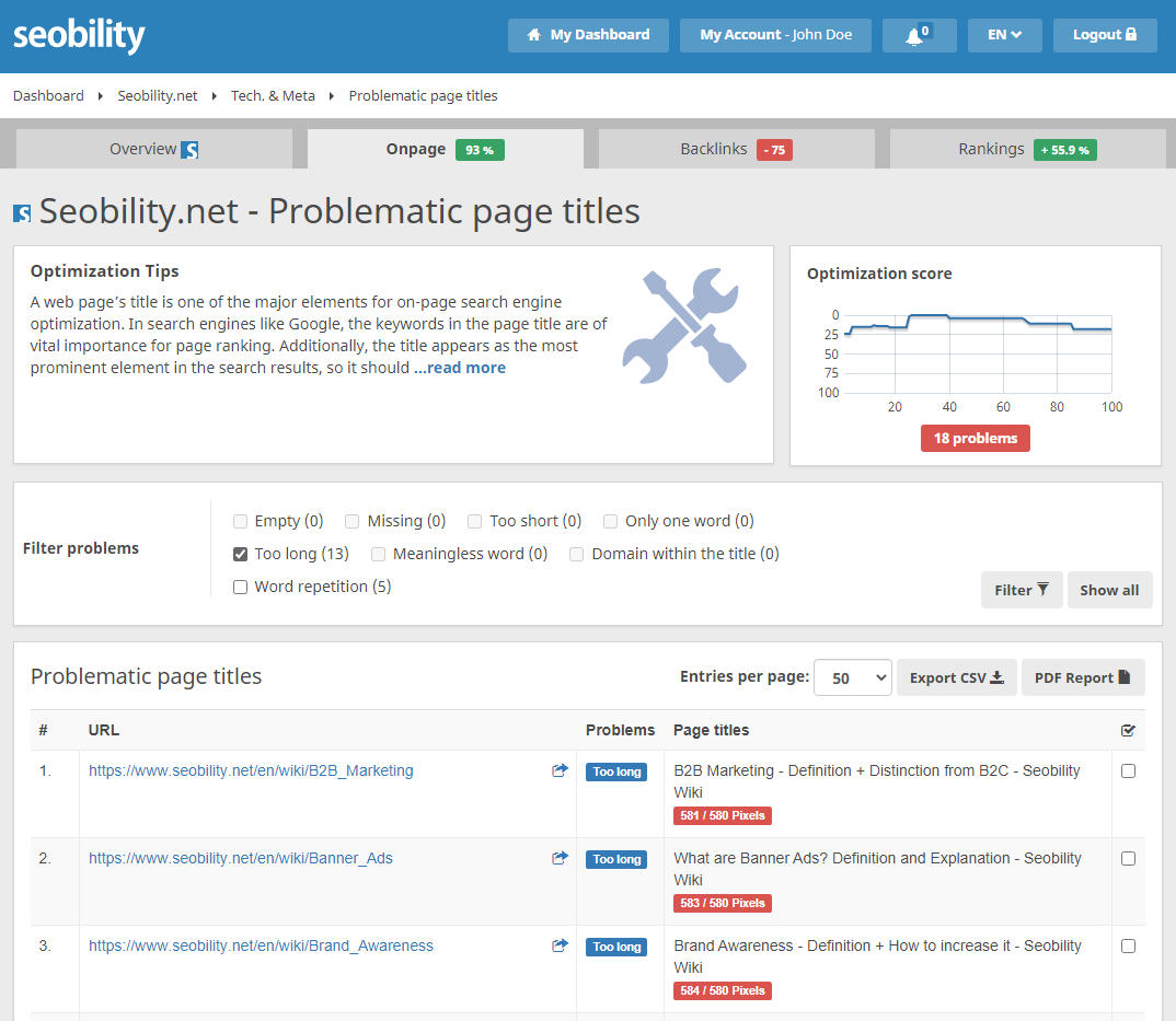 page title analysis in Seobility