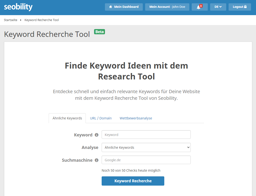 Keyword Recherche Tool von Seobility